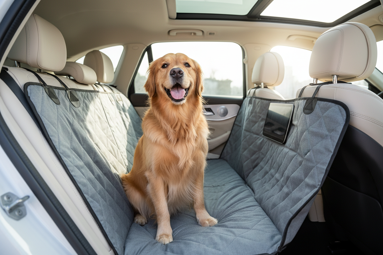 Dog in car with seat cover