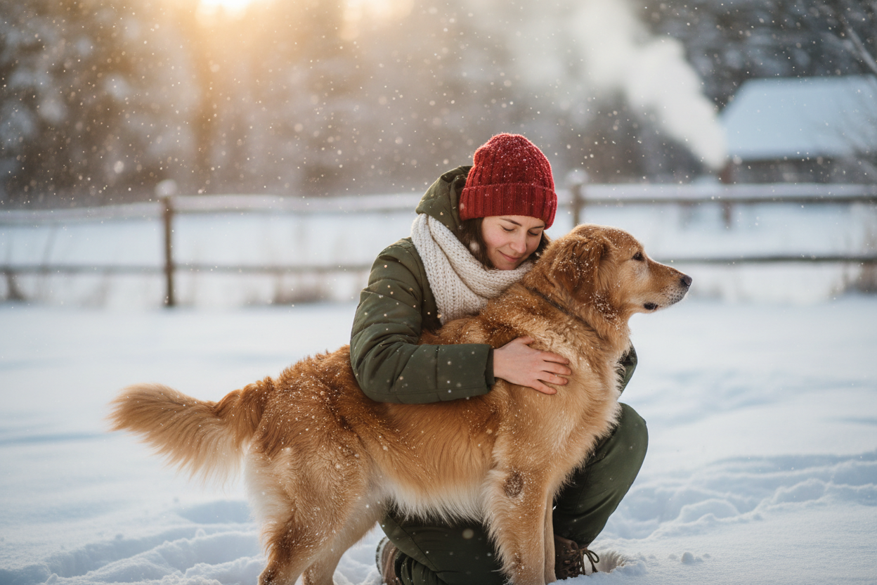 Person bundled up for winter hugging their big dog